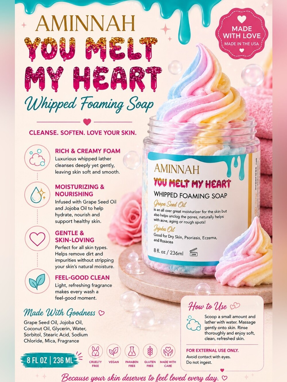 Aminnah- " You Melt My Heart" Whipped Foaming Soap - Pastel Multicolor 8oz